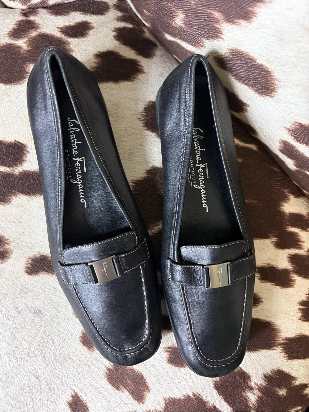 Salvatore Ferragamo Black Leather Loafers with Silver Buckle